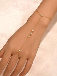 1 pieza Cadena de mano redonda con strass de acero inoxidable dorado para mujer, joyería de moda chapada en oro de 18K - Dorado - Ver 5