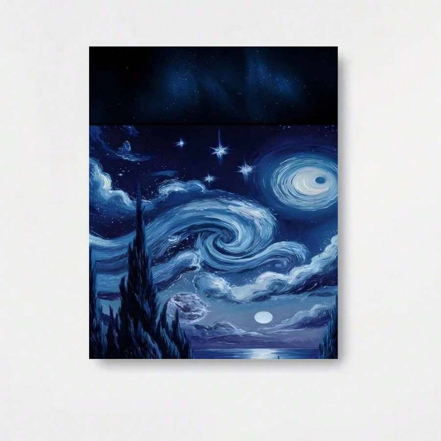 Póster en lienzo sin marco 2D plano, 2D plano, 1 pieza, pintura en lienzo de vórtice de cielo estrellado de ensueño, belleza de las estrellas del cielo nocturno y el mar de nubes entrelazados. Decoración de pared vertical retro moderna, póster impreso en color completo de alta calidad, sala de estar, dormitorio - Enmarcado - Ver 1