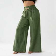 Women's Casual Wide-Leg Linen Pants With Metal Chain Detail, Autumn Style - màu xanh lá - Xem 9