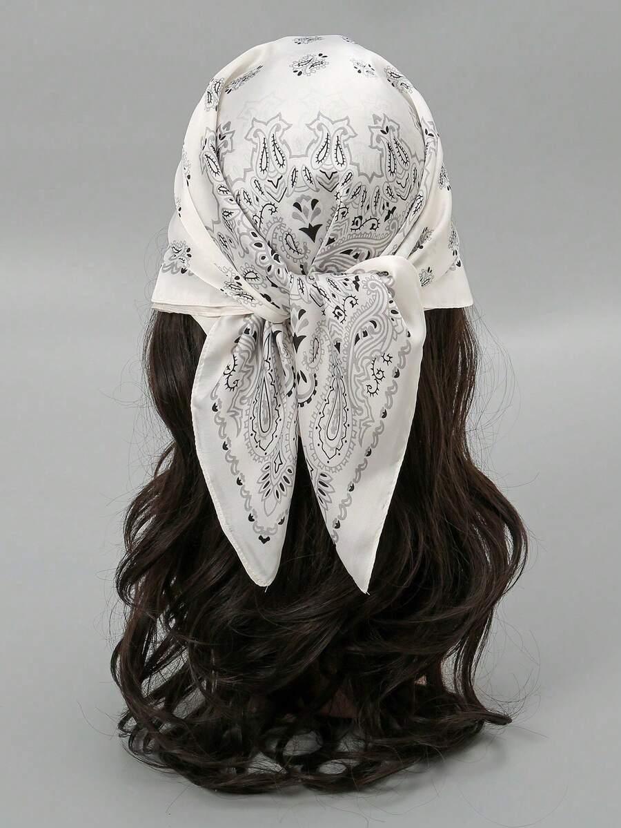 1pc Bohemian Paisley Pattern Silk Scarf, Size 27.5" X 27.5", Fashionable Design, Suitable For Daily Wear - S41246-white - View 1