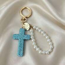 Shiny Rhinestone Cross Women's Bag Charm Keychain, Pearl Chain Car Key Ring, Cross Fashion Handbag Accessory And Gift - Cross - View 4