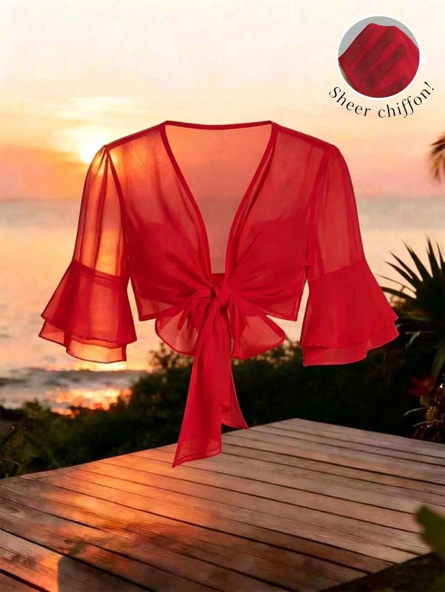 Camisa corta de color sólido con mangas acampanadas y lazo frontal de Qadelle - Rojo - Ver 1