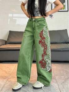 1件女款寬鬆刺繡寬腿牛仔褲，舒適休閒高街時尚丹寧長褲（不含腰帶/配件）秋季 - 綠色 - 查看 5