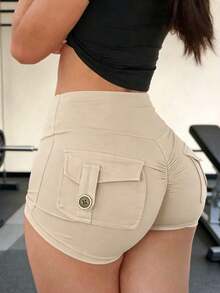 Women's Y2K High Waist Elastic Sports Shorts, Butt Lifting & Shaping, With Convenient Button Pockets, Suitable For Gym And Yoga Wear Casual Summer - 杏色 - 查看 4
