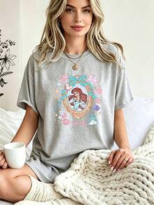 Breathable Cotton Disney Fan Tee | "The  Ariel Print With Blue Bow & Floral Wreath | Girly Fantasy Short-Sleeve Shirt - 灰色 - 查看 1
