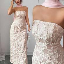 YijiaNvz  Vestido  con cintura ceñida, escote sin tirantes, cuello con lazo, de tela jacquard con estampado floral rosa y dorado, elegante y romántico, adecuado para citas, compras, festivales de música y talla grande, primavera/verano - Rosa - Ver 2