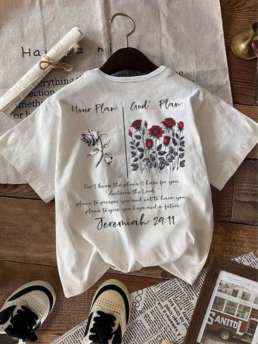 Minimalist. 100% Cotton. Women's T-Shirt With "Your Plan And Christian Bible Verse" Print, Crew Neck, Short Sleeve, Casual, Ideal For Vacation, Women's Clothing. Spring/Summer Top. - White - View 1
