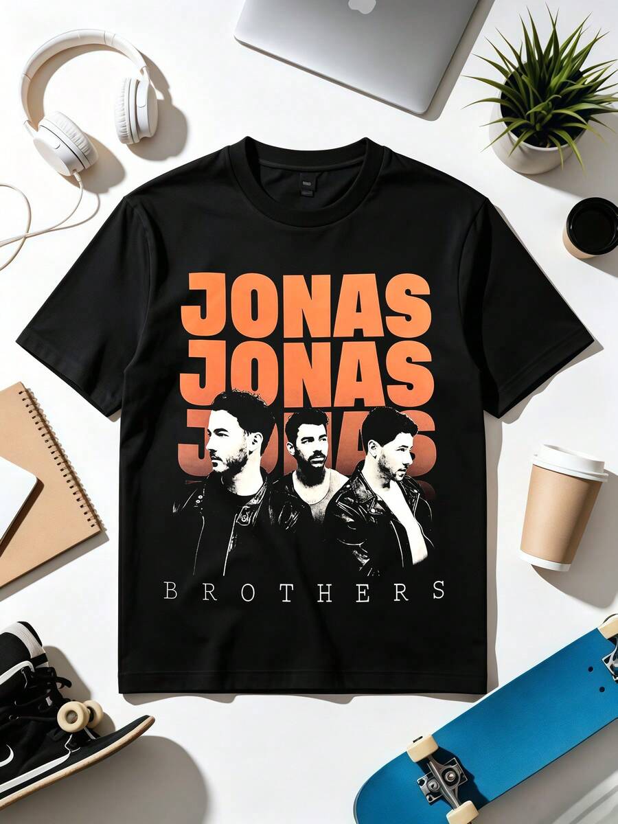 Jonas Brotherss Retro Pop Band Music Fan Graphic T-Shirt. Soft Fabric, Loose, Everyday Casual T-Shirt. - Black - View 1