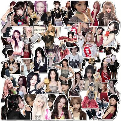 Bộ 55 miếng nhãn dán chủ đề "Psycho" phiên bản giới hạn K-Pop BAEMON, vật phẩm thiết yếu cho người hâm mộ MONSTIEZ, bao gồm nhãn dán cá nhân và nhóm của Ruka, Pharita, Asa, Ahyeon, Rami, Rora và Chiquita. Phù hợp để trang trí điện thoại, bình nước, ván trượt và máy tính xách tay, phụ kiện âm nhạc K-Pop