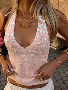 Just Masa Damen Sommer Lässig Sexy Rückenfrei Strick Tief V-Ausschnitt Neckholder Bindung Pailletten Ärmellos Y2K Crop Top Rosa - Pink - Übersicht 1