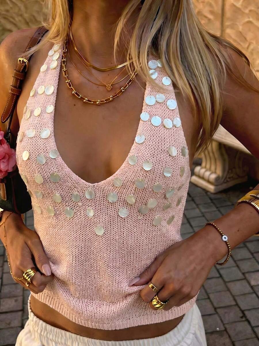 Just Masa Damen Sommer Lässig Sexy Rückenfrei Strick Tief V-Ausschnitt Neckholder Bindung Pailletten Ärmellos Y2K Crop Top Rosa - Pink - Übersicht 1