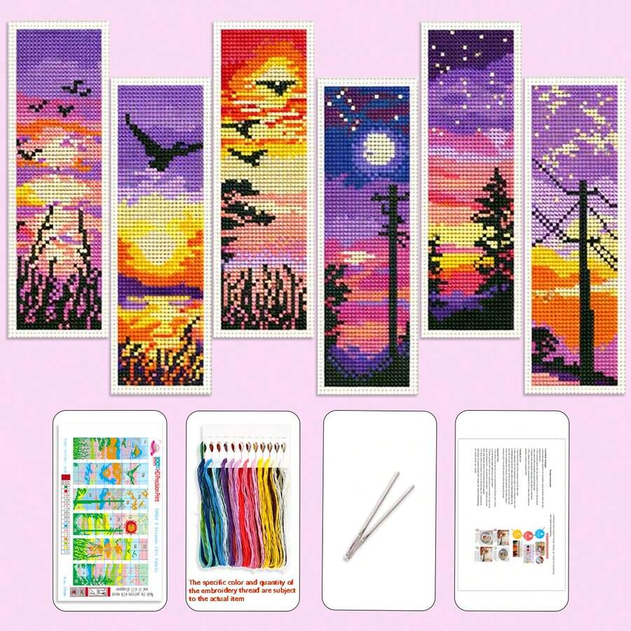 6件套DIY十字绣套件 - 风景日落主题，11CT印花十字绣布，包含绣线、剪刀、绣针和工具，适合初学者手工制作，可作为家居装饰礼品或减压礼物。