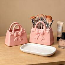 1 Creative Pink Bow-Decorated Makeup Brush Storage Handbag, Cute Large Handbag-Shaped Storage Ornament, Bow Makeup Pen Storage Jar, Indoor Desktop Decorative Storage Ornament - Tote Bag - View 2