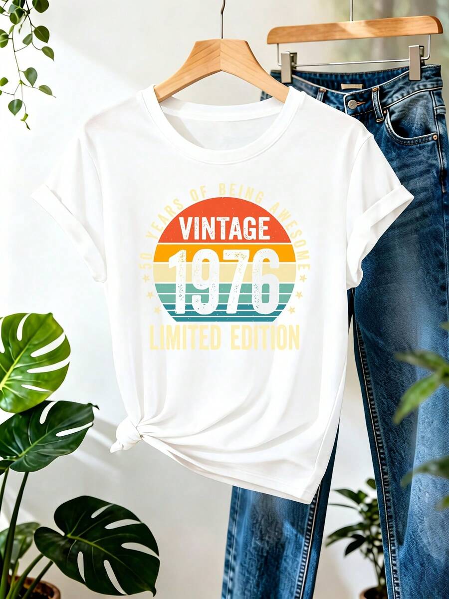 50th Birthday Print T-Shirt, Limited Edition ChristmasVintage 1976, Short Sleeve, Round Neck, Casual Style For Summer And Spring, Popular Item For Women. - 白色 - 查看 1