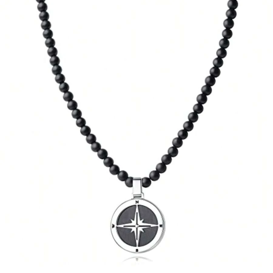 GAVU Collar de Brújula de Acero Inoxidable para Hombre, Collar de Cuentas de Cristal para Hombre, 24" 60cm,Piedra, Ónix - como en la imagen - Ver 1