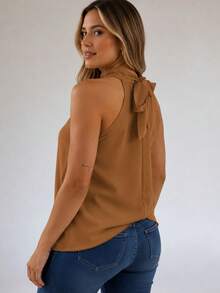Women's Blouse With High Neck And Asymmetrical Neck Tie - 摩卡棕 - 查看 2