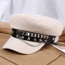 1pc Star-Studded Vintage Cap, Chain-Decorated Newsboy Cap, Punk-Style Short-Brimmed Cap, An Accessory For Daily Commuting, A Must-Have For Photos At Girls' Gatherings, A Recommended Surprise Gift For Valentine's Day, A Romantic Gift For Anniversaries, A Stylish Accessory For Music Festivals, An Exquisite Headpiece For Birthday Parties, A Versatile Piece That Can Be Worn In All Seasons - Grey - View 11