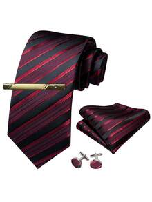 4pcs-Men's Red & Black Striped Tie Set With Pocket Square, Cufflinks & Gold Tie Pin- Formal Party Wedding Business Necktie For Groom-Cufflinks Pattern Random - Red - View 1