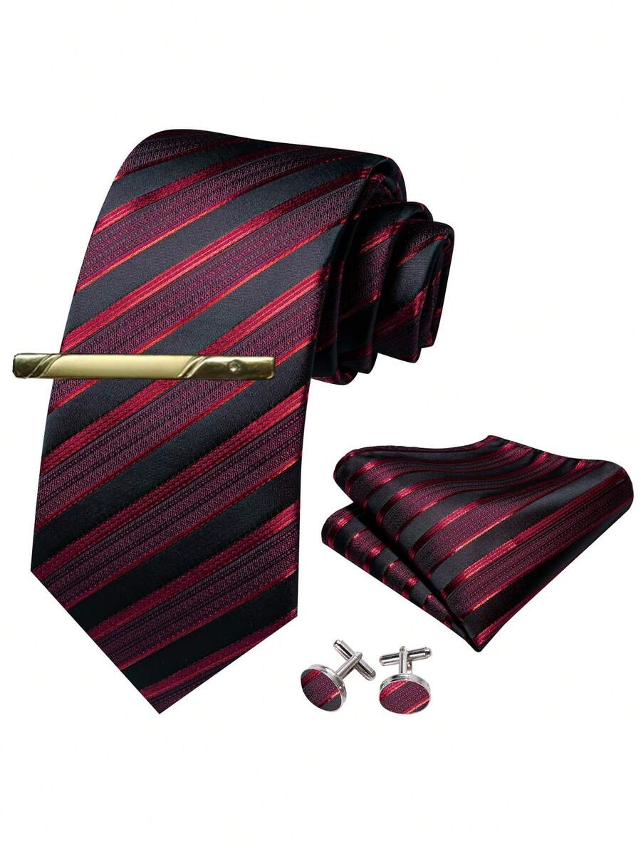 4pcs-Men's Red & Black Striped Tie Set With Pocket Square, Cufflinks & Gold Tie Pin- Formal Party Wedding Business Necktie For Groom-Cufflinks Pattern Random - Red - View 1