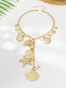 1 pieza Collar con colgante de estrella de mar y concha de perla con estilo oceánico, adecuado para uso diario y vacaciones de verano de mujeres - Amarillo Oro - Ver 2