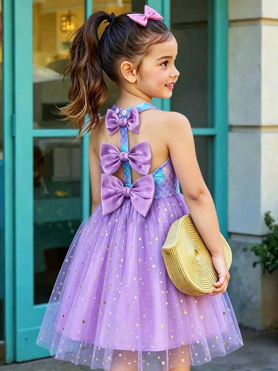 Gaun Putri Duyung Leher Halter untuk Anak Perempuan, Gaun Tulle Tanpa Lengan Motif Sisik Ikan Gradien, Pakaian Liburan Pesta Pantai - Purple - View 1