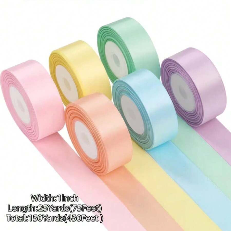 彩色緞面絲帶馬卡龍色緞面絲帶套組 1英吋禮品包裝絲帶 花束手工適用於生日、派對、婚禮與禮品裝飾 6色禮盒包裝絲帶 30碼花束包裝絲帶 - A - 查看 1