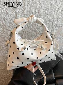 Fashion Polka Dot Handbag, Women's Multifunctional Shoulder Crossbody Bag, Vintage Bowknot Decor Drawstring Crescent Bag - White - View 6