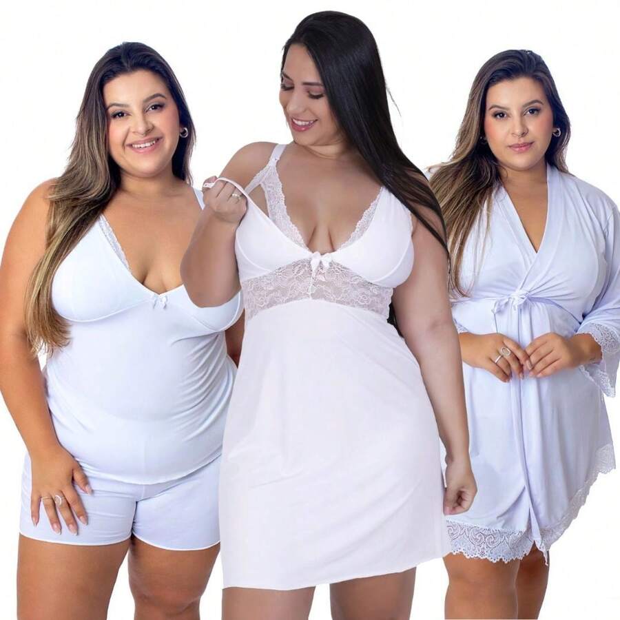 Plus Size 3-Piece Maternity Kit: Baby Doll, Nursing Nightgown, And Robe - 白色 - 查看 1