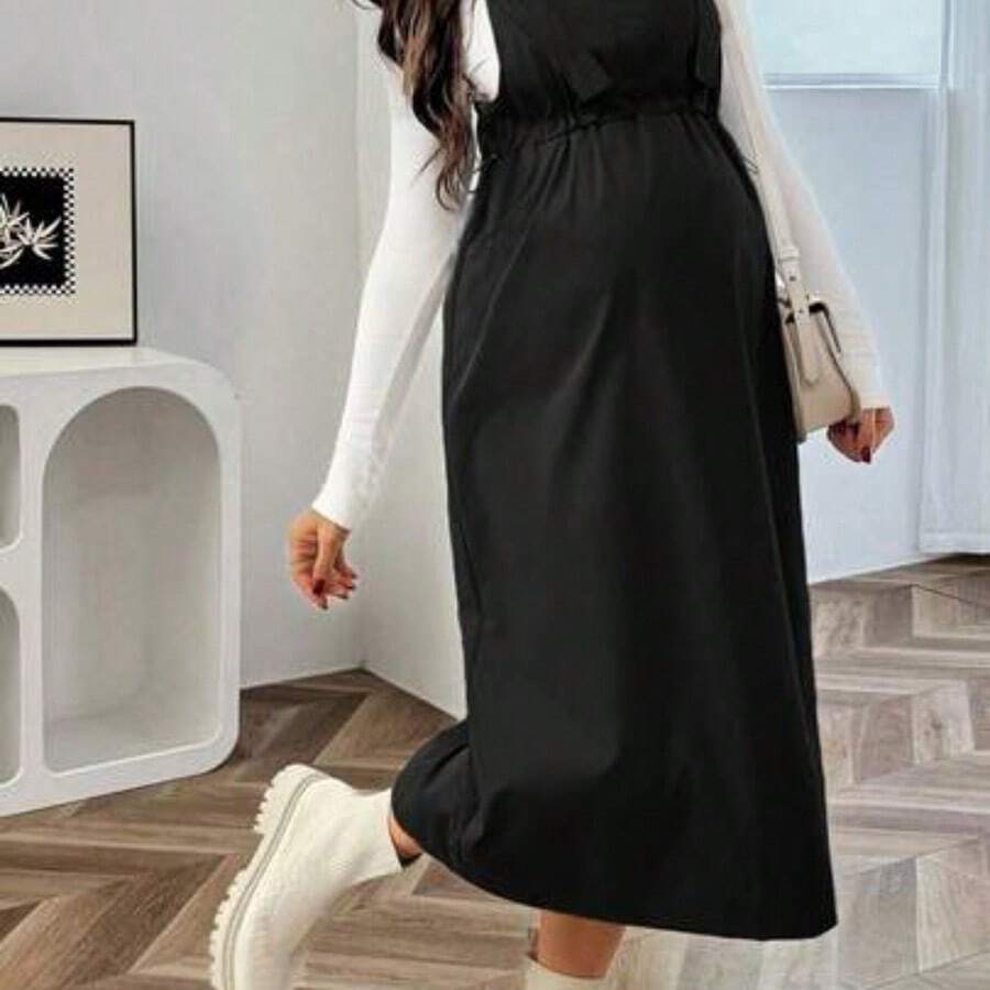 Vestido de peto casual de unicolor para maternidad con bolsillos - Negro01 - Ver 1