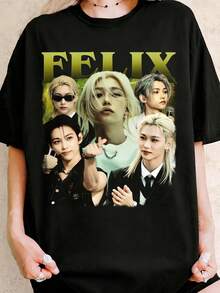 StraySKidsS FelixSS Bootleg Style Graphic T-Shirt, Crew Neck Casual Short Sleeve Top For Fans - Black - View 1