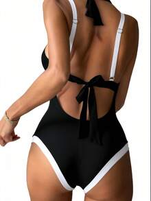 Women's Sexy Black And White Colorblock V-Neck Tank Style One-Piece Swimsuit Medium Stretch Bikini Vacation Beach Summer - Black - View 2
