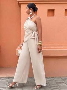 UrbanChic. Summer Plus Size One-Shoulder Waist-Defining Metal Buckle Asymmetric Set Elegant Style Exquisite Commuter Wide-Leg Pants Two Pieces Set - Apricot - View 8