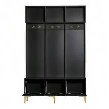 Wardrobe Set With Bench, Multifunctional Storage Bench, Open Storage, 6 Gold Hooks And Feet, Suitable For Hallway, Living Room, Black - Black - View 3