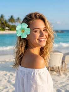 1pc Hawaiian Plumeria Hibiscus Flower Hair Clip For Women, Elegant Bohemian Style Fabric Hair Stick, Beach Vacation And Party Accessory, Claw Clip, For Her - Light Green - View 4