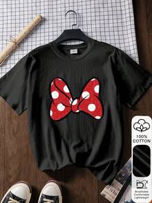 Casual Short Sleeve Top With Red Polka Dot Bow Print, 100% Cotton, Graphic, Soft Fabric, Cotton Clothing, Outdoor Wear, Printed Pattern, Summer Top, Vacation Outfit, Minimalist Travel Clothes, Black 100% Cotton - 黑色 - 查看 1