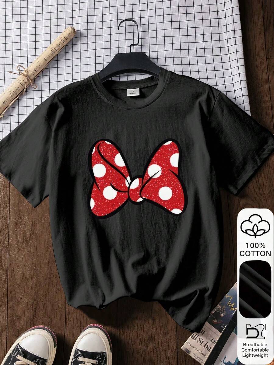 Casual Short Sleeve Top With Red Polka Dot Bow Print, 100% Cotton, Graphic, Soft Fabric, Cotton Clothing, Outdoor Wear, Printed Pattern, Summer Top, Vacation Outfit, Minimalist Travel Clothes, Black 100% Cotton - 黑色 - 查看 1