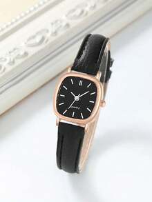 Women's Rose Gold Small Square-Dial Quartz Watch – Vintage-Style Leather Strap (Ideal Graduation Gift For Best Friends) - Black - View 5