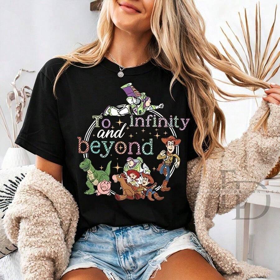Disney Toy Story Infinity Tee | "To Infinity And Beyond" Buzz & Woody Classic Cowboy Space Ranger 100% Cotton Vintage Western Sci-Fi Ae - Black - View 1