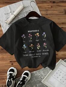 Minimalist. 100% Cotton. 1paLetter Print T-Shirt, Short Sleeve, Crew Neck, Casual Top For Summer And Spring, Women's Clothing. Spring/Summer Top. - Black - View 1