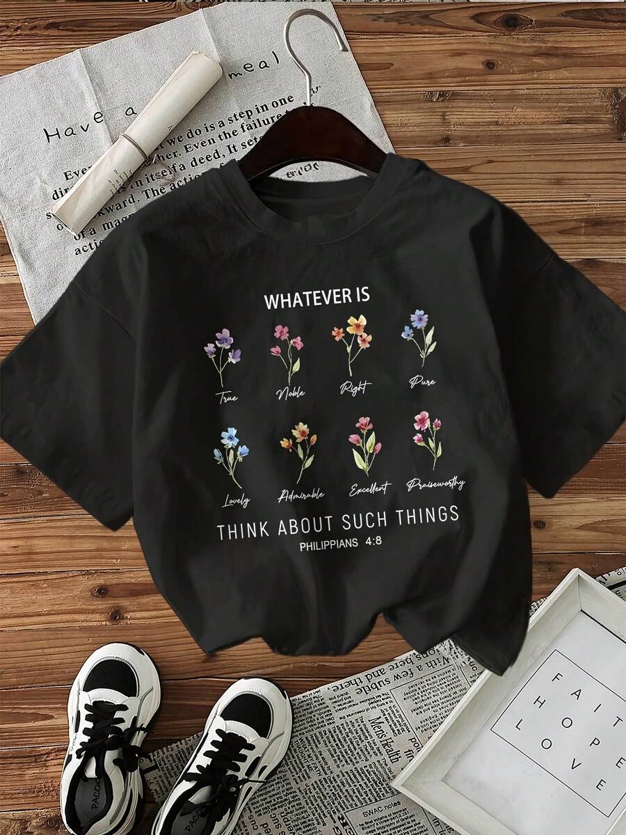 Minimalist. 100% Cotton. 1paLetter Print T-Shirt, Short Sleeve, Crew Neck, Casual Top For Summer And Spring, Women's Clothing. Spring/Summer Top. - Black - View 1