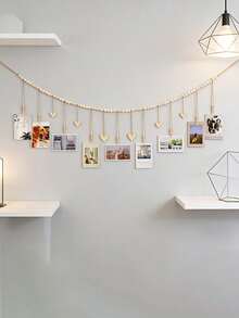 1pc Bohemian Style Photo Display Hanging Rack - White Wooden Bead Photo Holder With Clips And Heart-Shaped Tags, Perfect Wall Decor For Hanging Photos In Living Room, Bedroom And Classroom - Multicolor - View 3