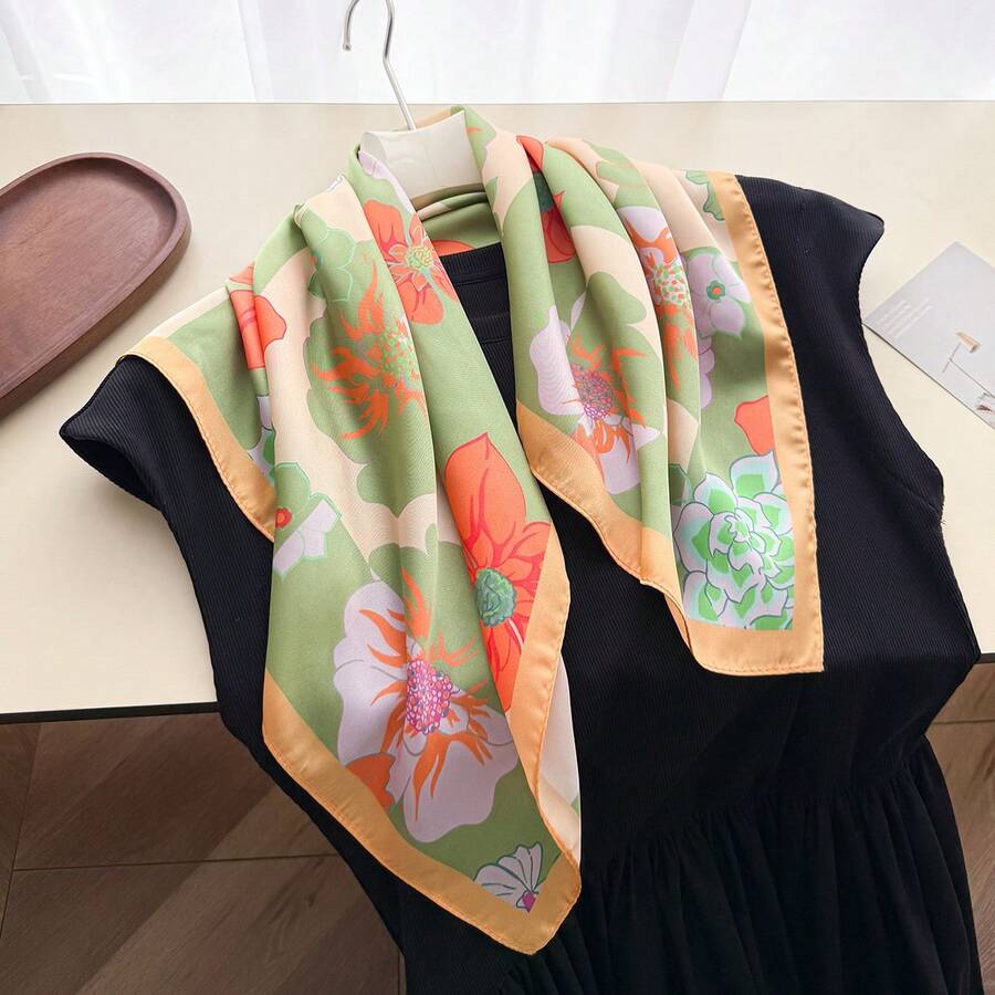 1件女款優雅復古印花薄緞面正方形仿絲巾,波西米亞風休閒圍巾、披肩,輕盈舒適頭巾,適合春夏季日常穿著與外出 - 彩色 - 查看 1