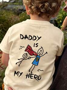 小男孩 DADDY IS MY HERO 印花 T 恤，舒適面料，適合戶外、日常、校園穿著，春夏百搭上衣 - 杏色 - 查看 3