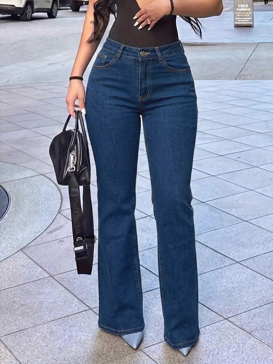 Women's Casual Minimalist Washed Straight-Leg Jeans, Slim Fit Suitable For All Seasons - Dark Wash - View 1