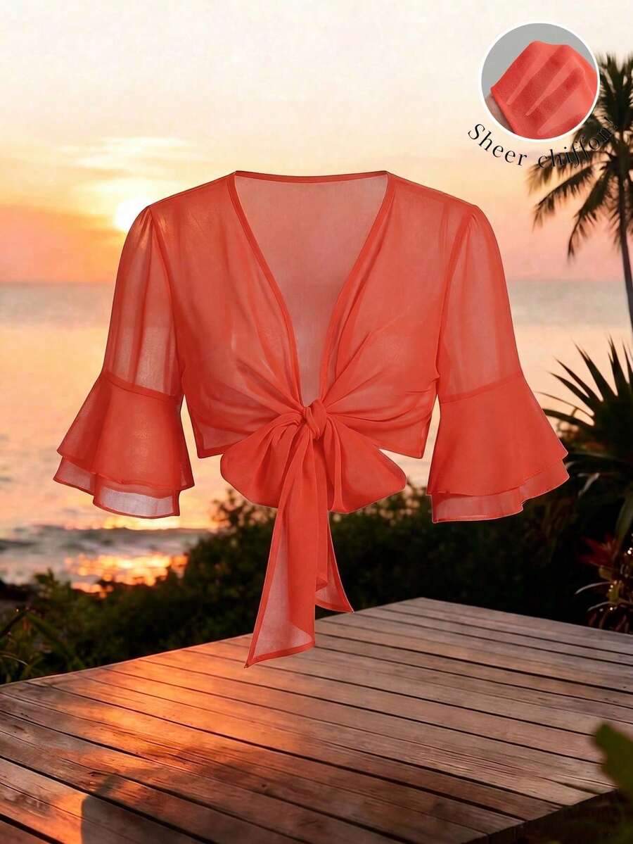 Qadelle Solid Color Cropped Shirt With Flared Sleeves And Front Tie - Orange - View 1