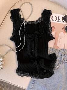 New Spring/Summer Style Lace-Trimmed Camisole Blouse - 黑色 - 查看 3