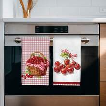 2PCS Kitchen Towels Red Plaid Cherry Pattern, 40*60cm Country Farm Style Rectangular Dishcloth, Tablecloth, Hand Towel, Kitchen Decor, Neighbor Housewarming Gift, Kitchen Napkin And Dishcloth, Home Decor Gift - Red - View 5