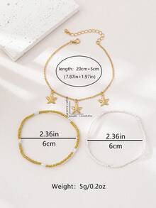 3pcs Fashion Elegant Ocean Sharp Starfish Seed Bead Anklet Set - Yellow Gold - View 4