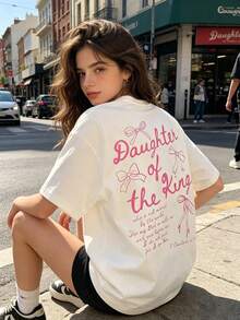 'The King's Daughter' Graphic T-Shirt, Women's Faith Clothing With Biblical Aesthetic, With Text Printed On The Back, Double-Sided 'Daughter Of The King' T-Shirt - 杏子 4 - 查看 2