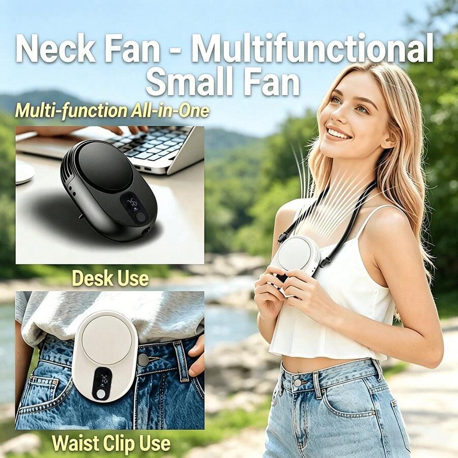 1 pieza Ventilador de cuello portátil, Ventilador multifuncional 3 en 1 recargable por USB - Escritorio, Cuello, Colgante de cintura, Ventilador de mano mini con 5 niveles de velocidad del viento, Pantalla digital LED, Batería de larga duración de 3000mAh, Adecuado para uso en interiores y exteriores